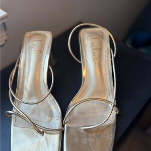 Lulu's Metallic Gold Strappy Square-Toe Heels